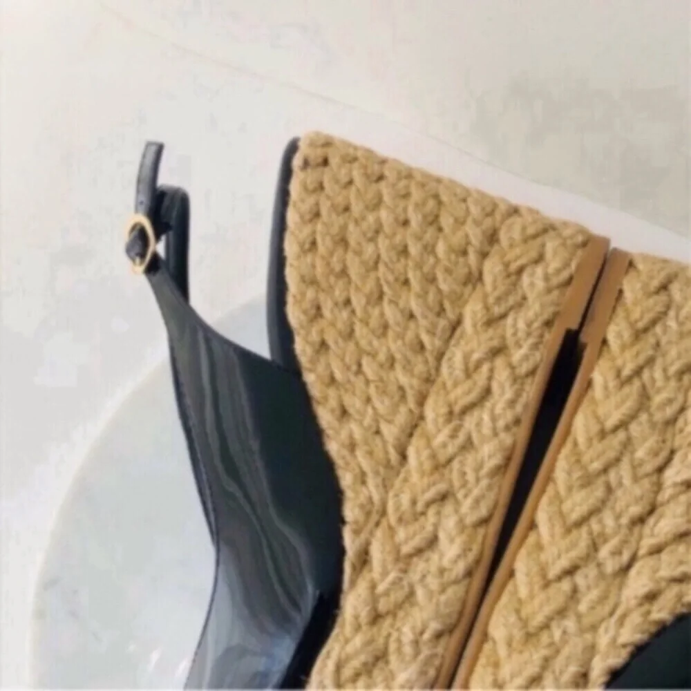 STUART WEITZMAN Island Espadrille Black Patent Leather Platform Slingback Wedges